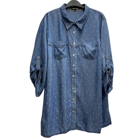 CLAIRE France blue lyocell denim 3/4 sleeves shirt size 18 US anchor pattern - Picture 3 of 12